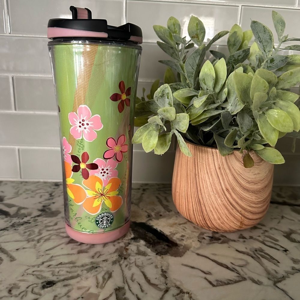 2007 Starbucks Coffee Travel Tumbler Mug 16 oz Spring floral Flowers aqua pink
